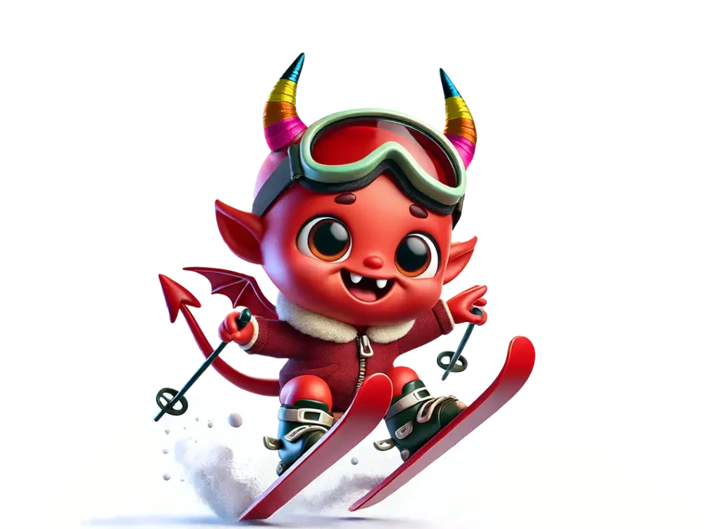 Maskottchen von Sportsheaven fährt mit Ski und Skibrille durch den Pulverschnee